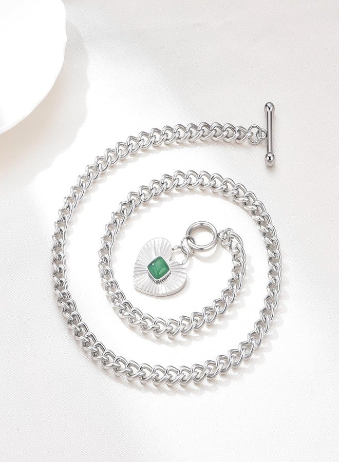 NUZON Chunky Sunburst Heart Pendant Necklace with Green Agate Solitaire Stainless Steel Silver Curb Cuban Thick Chain Toggle Bar Clasp Statement Jewelry for Women 18’’ - Image 5